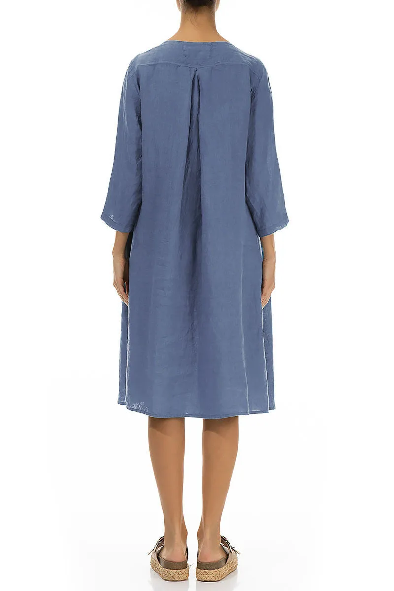 Flared Blue Nova Linen Midi Dress Antibacterial Treatment