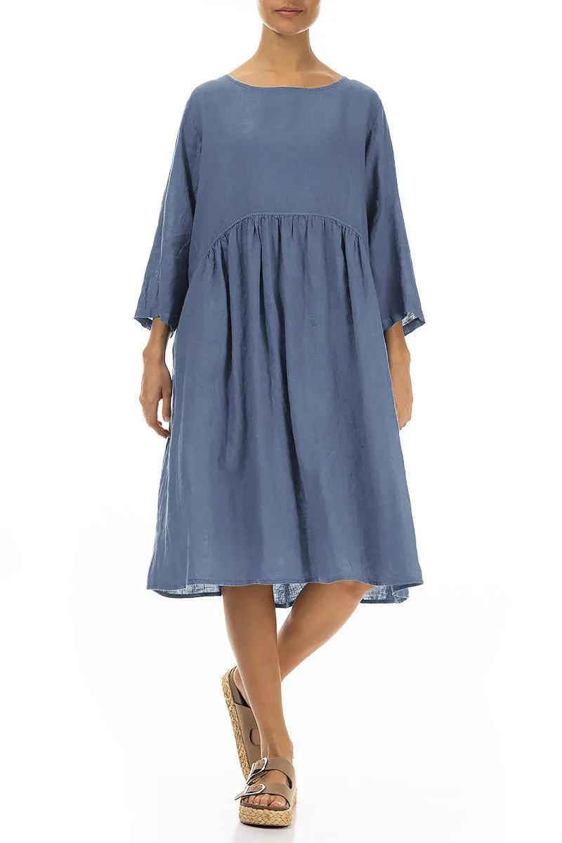 Breathable Style Trendy Fashion Flared Blue Nova Linen Midi Dress