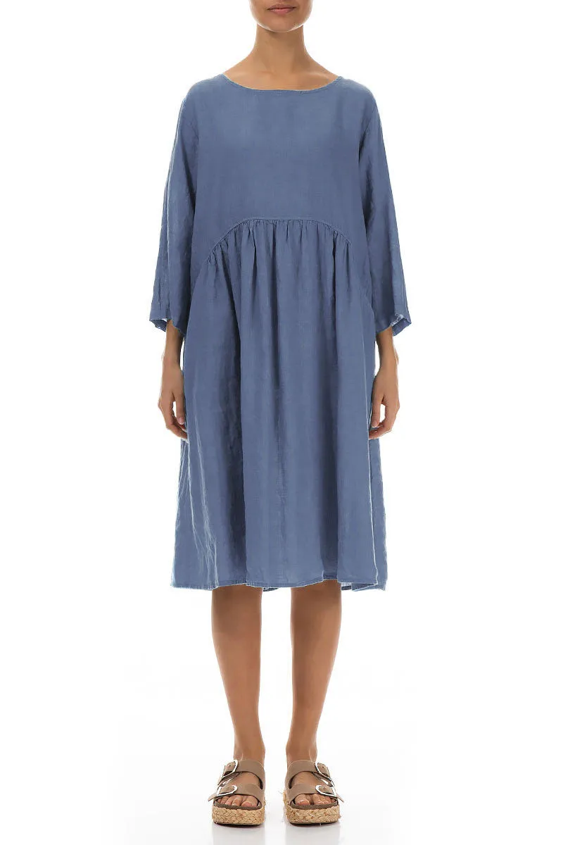 Flared Blue Nova Linen Midi Dress Easy Fit