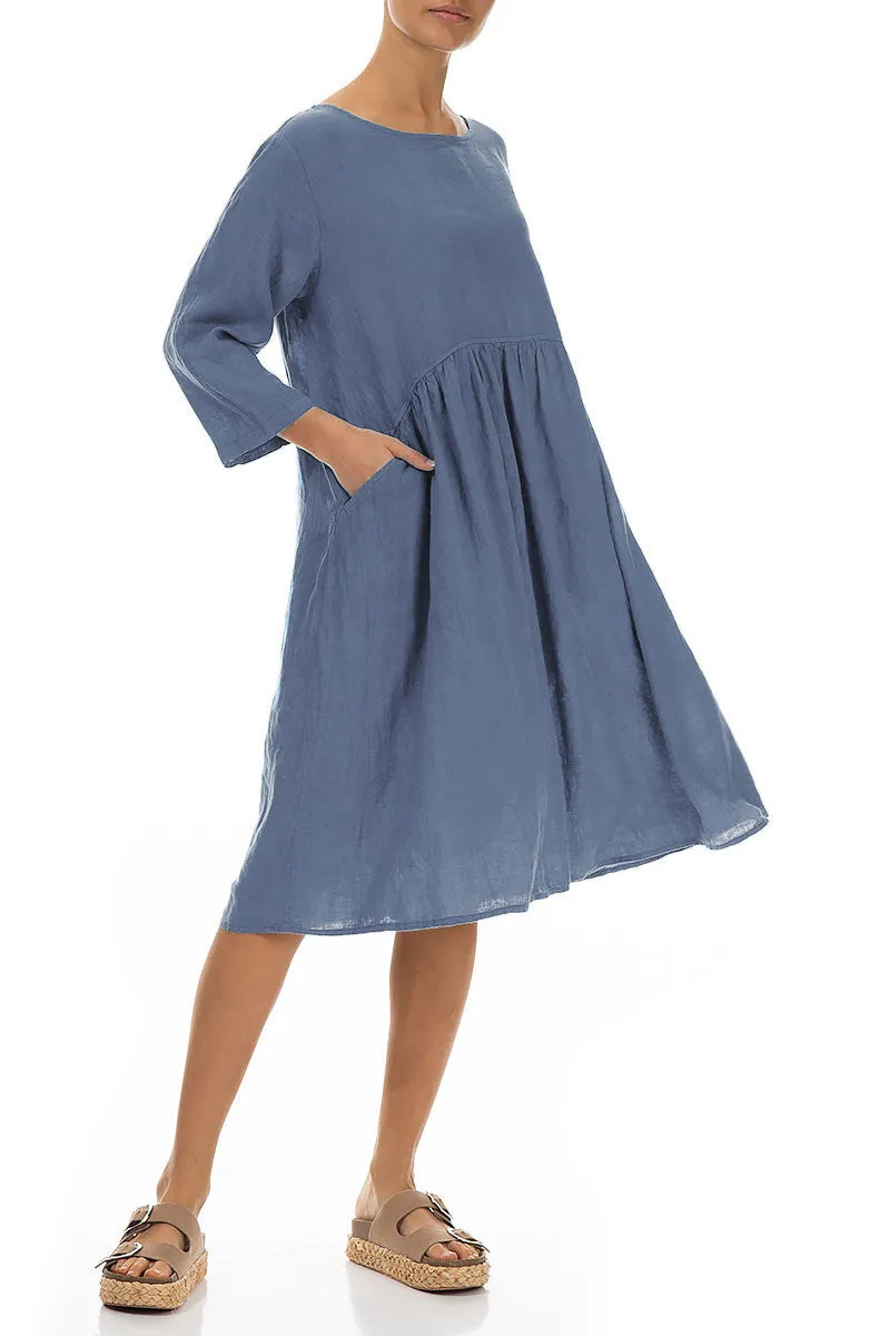 Flared Blue Nova Linen Midi Dress FlexibleCollar AntiBacterialTreatment
