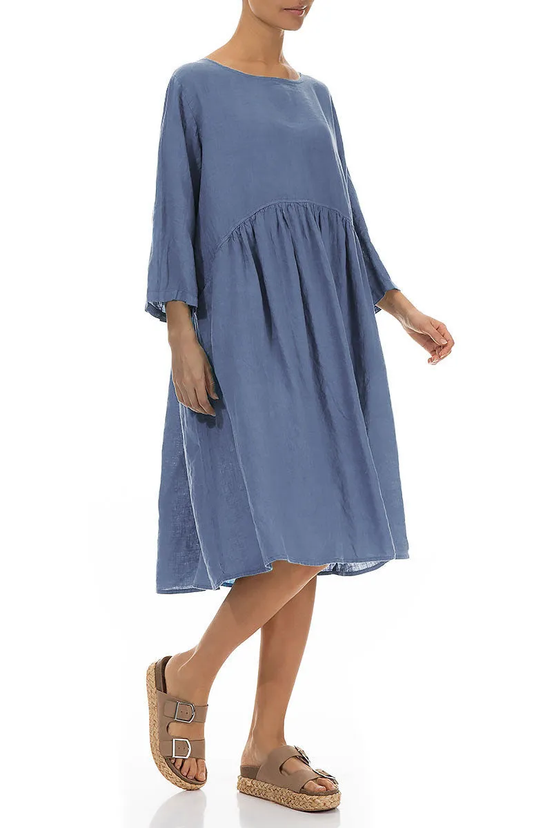Flared Blue Nova Linen Midi Dress Lightweight Vest