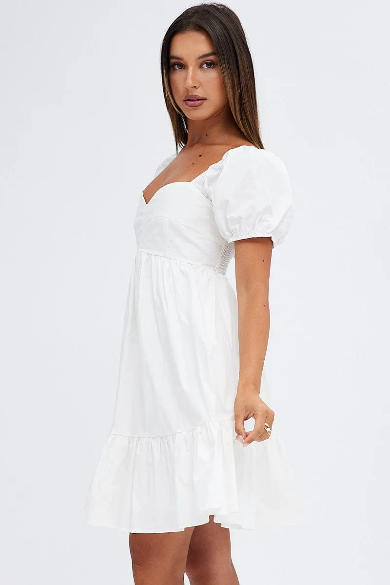 White Short Sleeve Sweetheart Neck Skater Dress Athleisure Cool