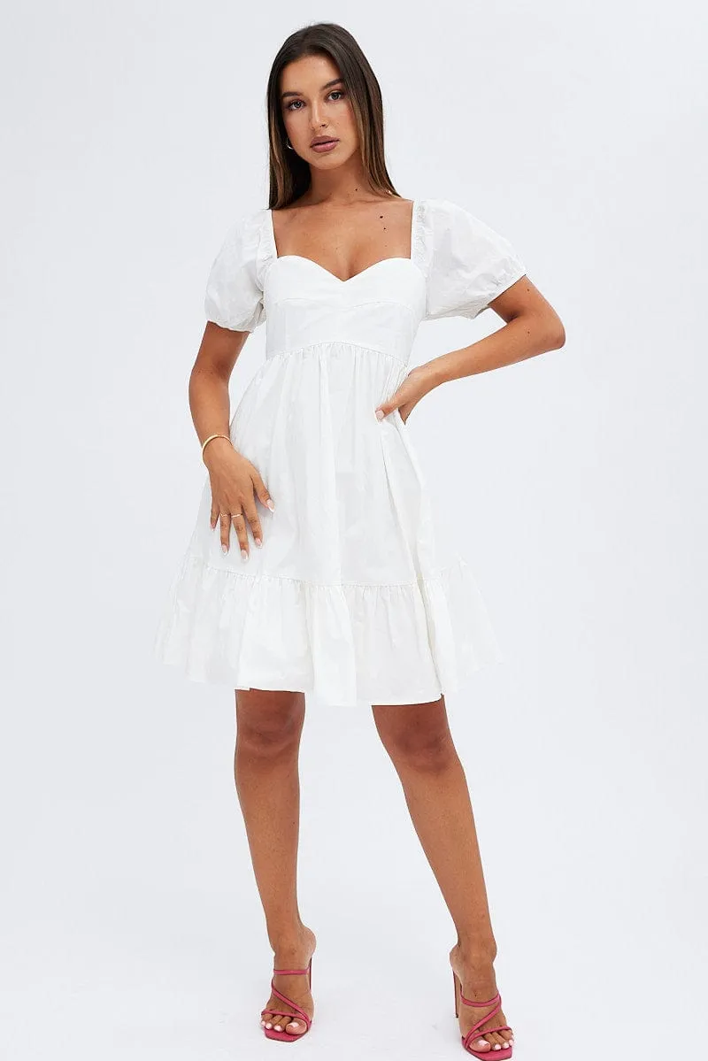 White Short Sleeve Sweetheart Neck Skater Dress Hygienic Finish