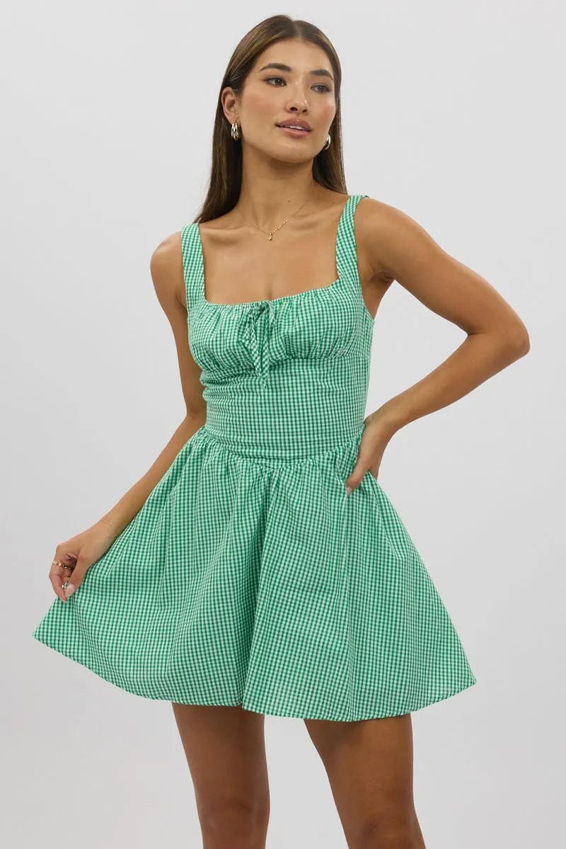 Classic casual mini dress Green Check Fit And Flare Dress Mini