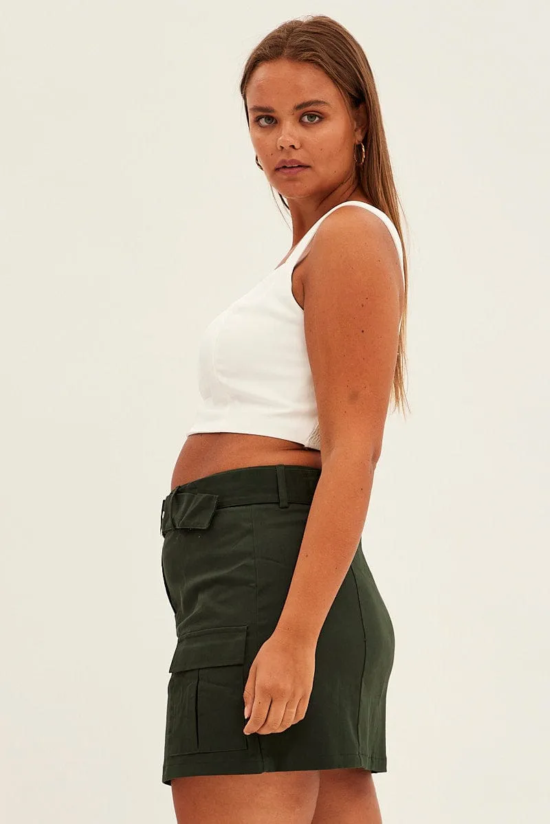 Green Cargo Skirt Belted Mini Cotton Frayed Finish Stylish Finish