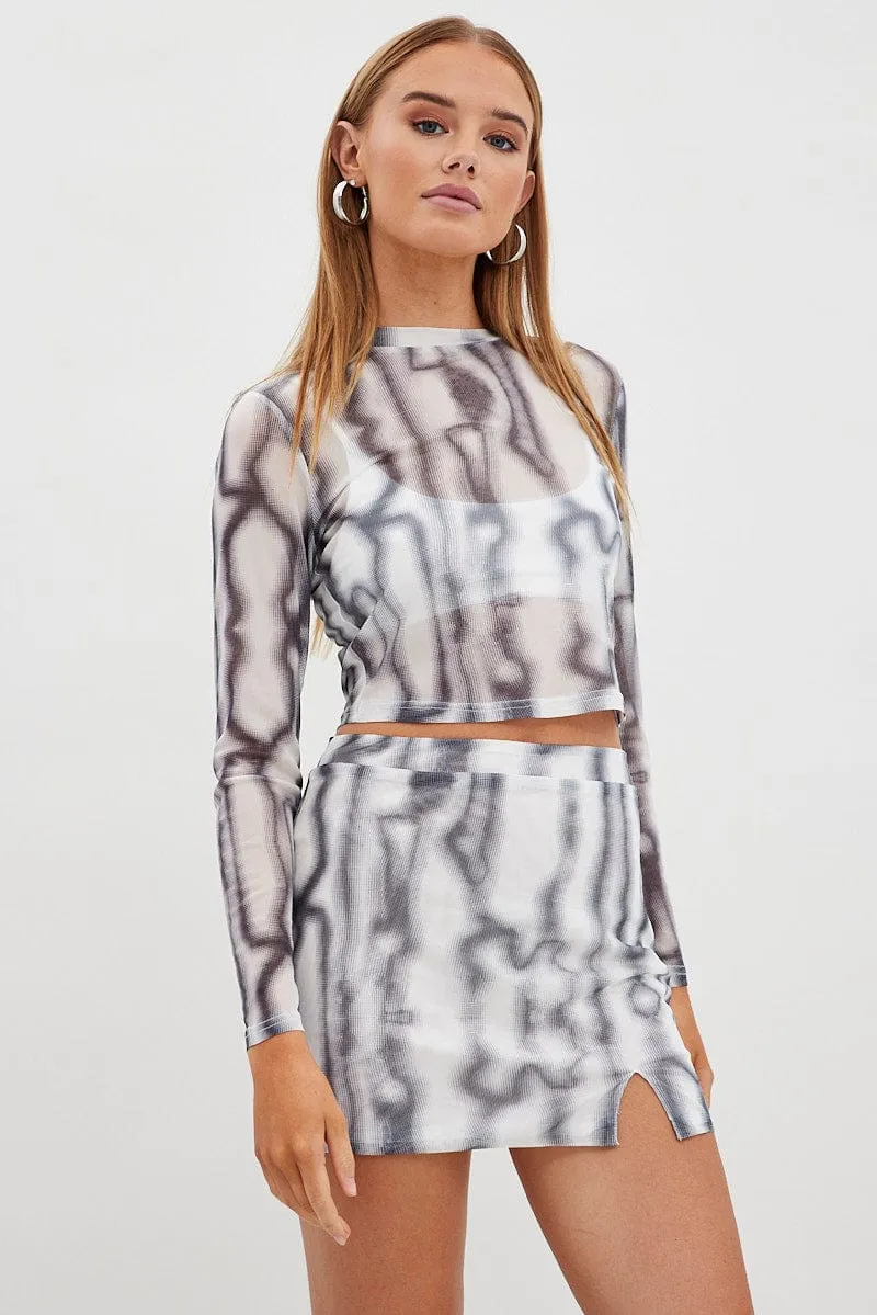 Cozy Vibes Black Abstract Mini Skirt High Rise Mesh
