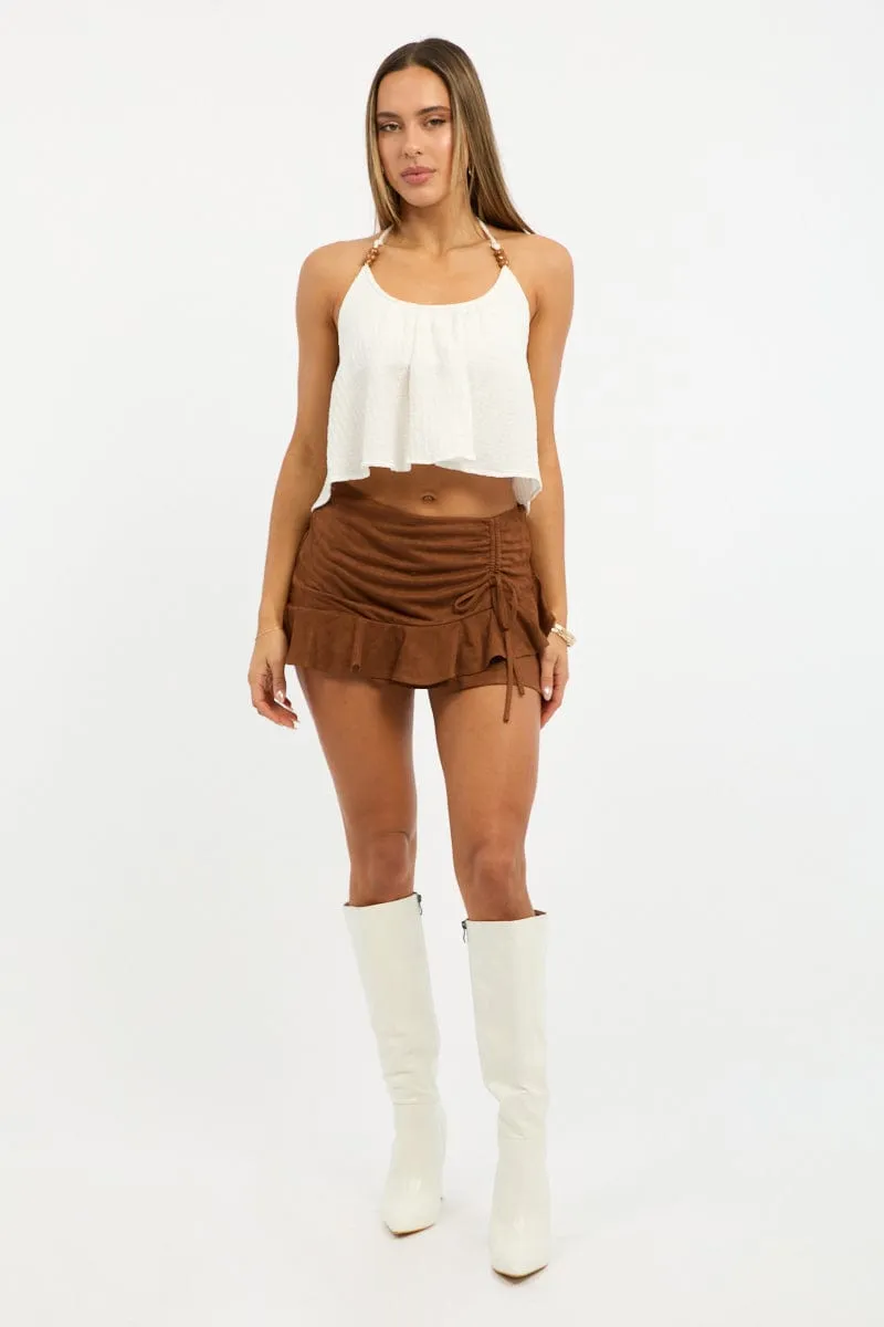 Breezy Style Ombre effect Brown Mini Skirt Mid Waisted Ruched Ruffle Faux Suede