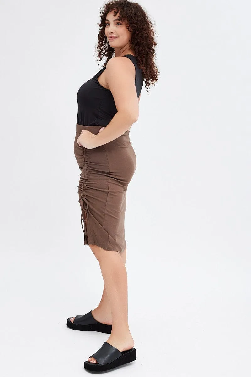 Performance Wear Bold Details Brown Bodycon Midi Skirt Drawstring Rib