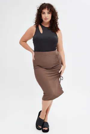 Leather Look Dance Practice Brown Bodycon Midi Skirt Drawstring Rib