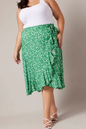Handmade Item Green Ditsy Wrapover Frill Rayon Midi Skirt