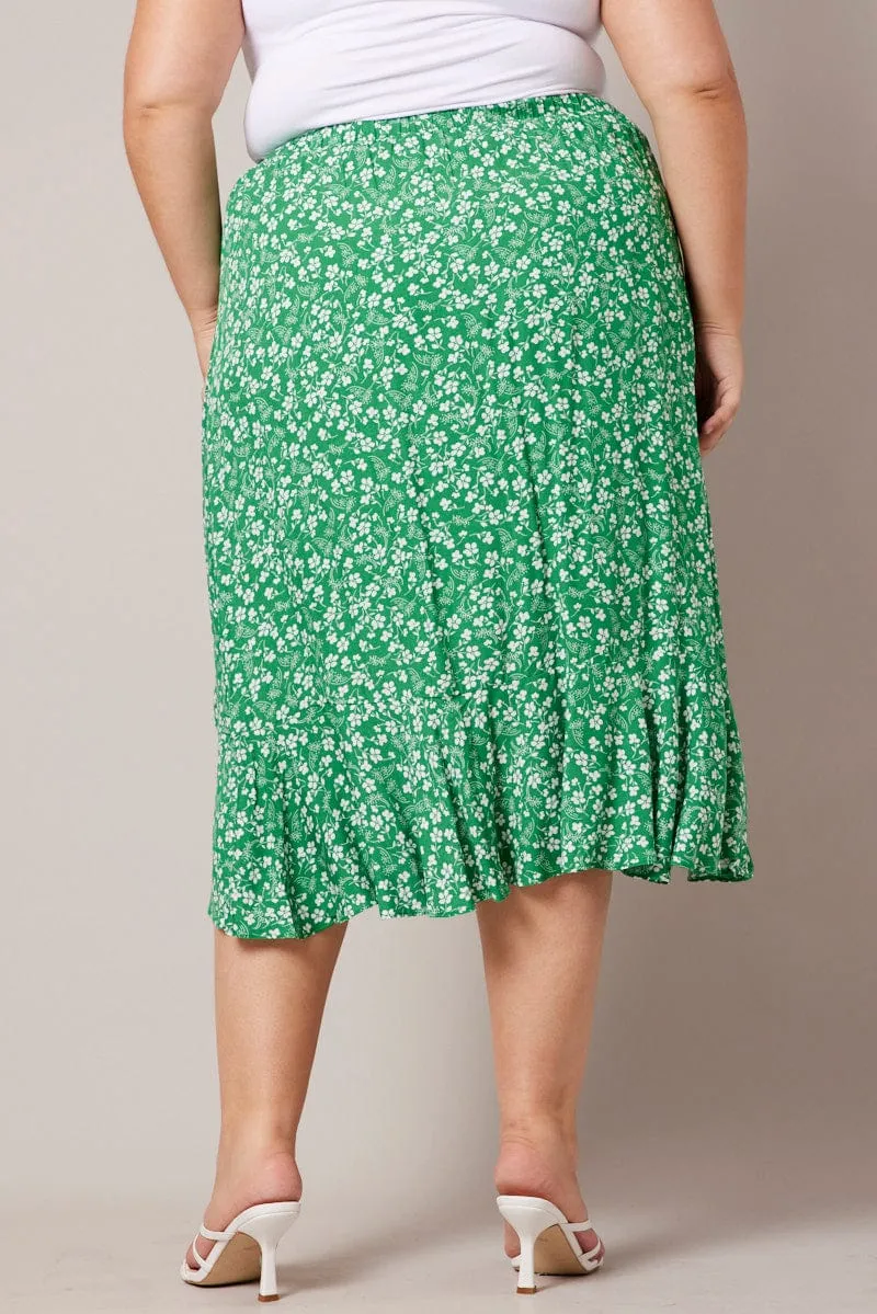 Green Ditsy Wrapover Frill Rayon Midi Skirt Season To Season Tiered Layers