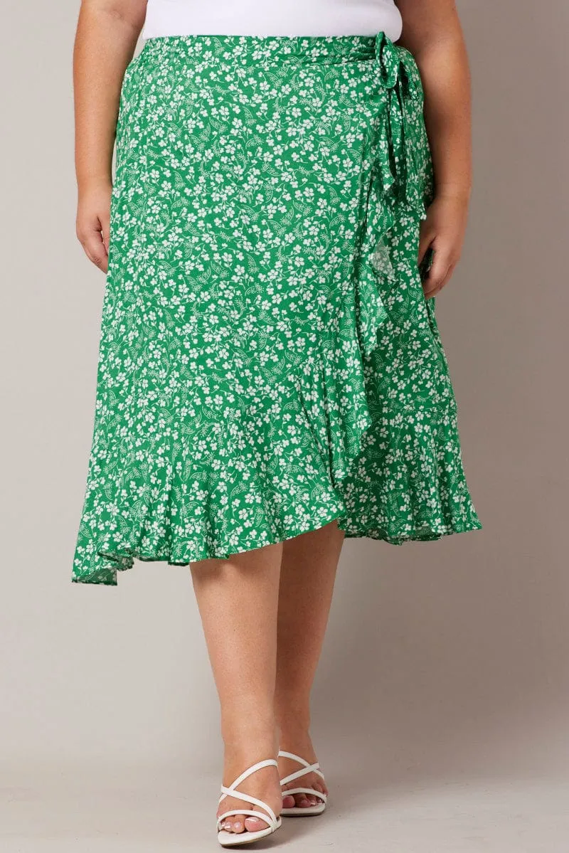 Comfort Fit Green Ditsy Wrapover Frill Rayon Midi Skirt