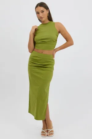 Stylish Finish Elastic hemline Green Gathered Midi Skirt High Rise Bengaline Split