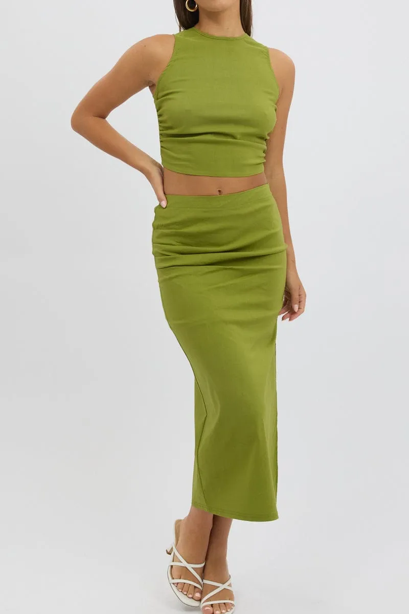 Everyday Wear Green Gathered Midi Skirt High Rise Bengaline Split