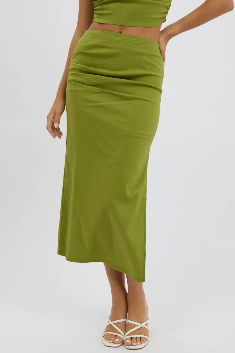Minimalist fashion Green Gathered Midi Skirt High Rise Bengaline Split