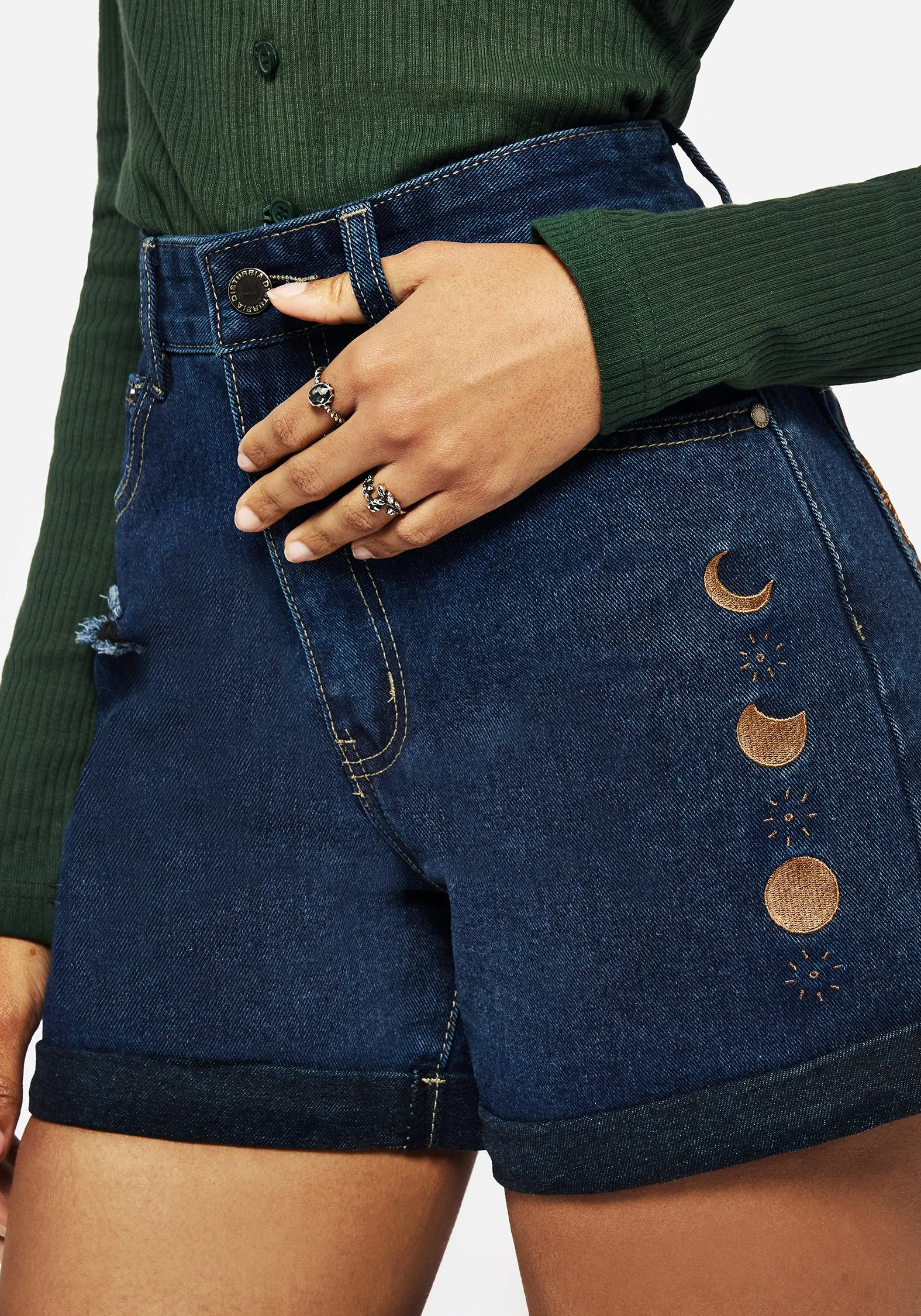 personalized option Griffinfly Embroidered Distressed Denim Shorts - Blue