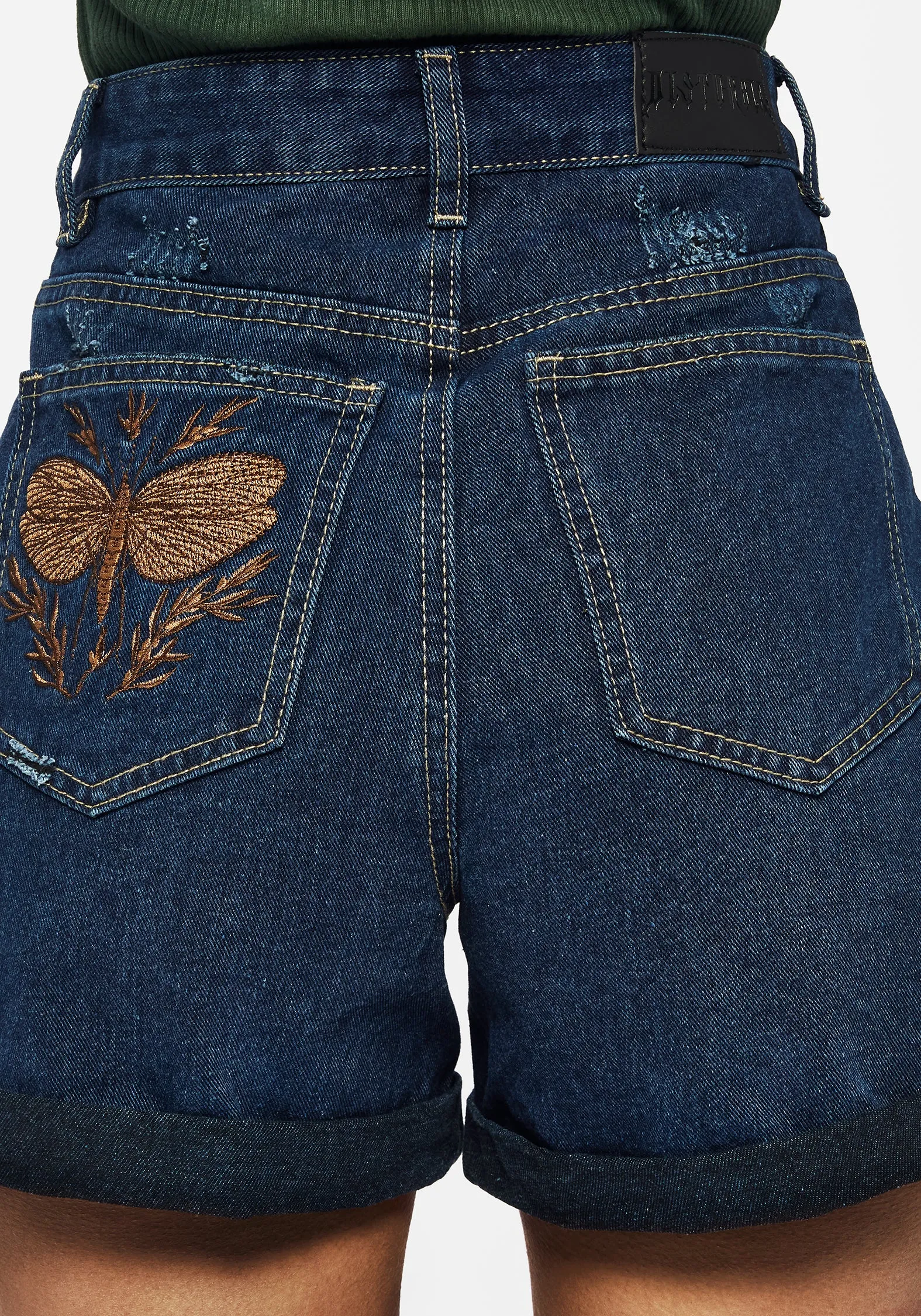 Griffinfly Embroidered Distressed Denim Shorts - Blue prom night