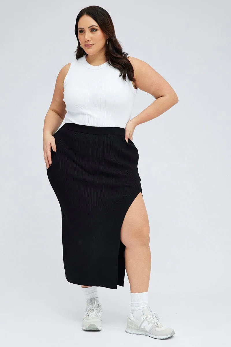 Crossback Strap Soft Styling Black Knit Skirt Front Split Bodycon