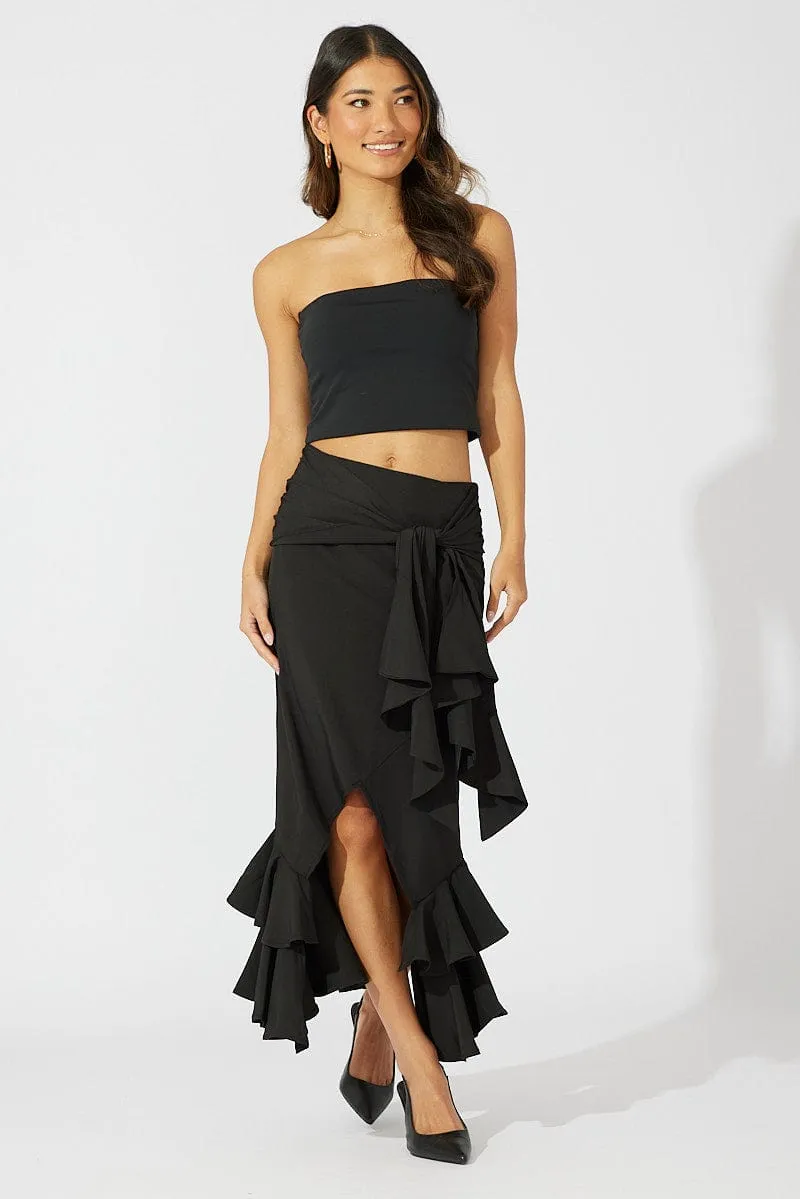 Black Midi Skirt Layered Ruffles Cool Tone Low Rise