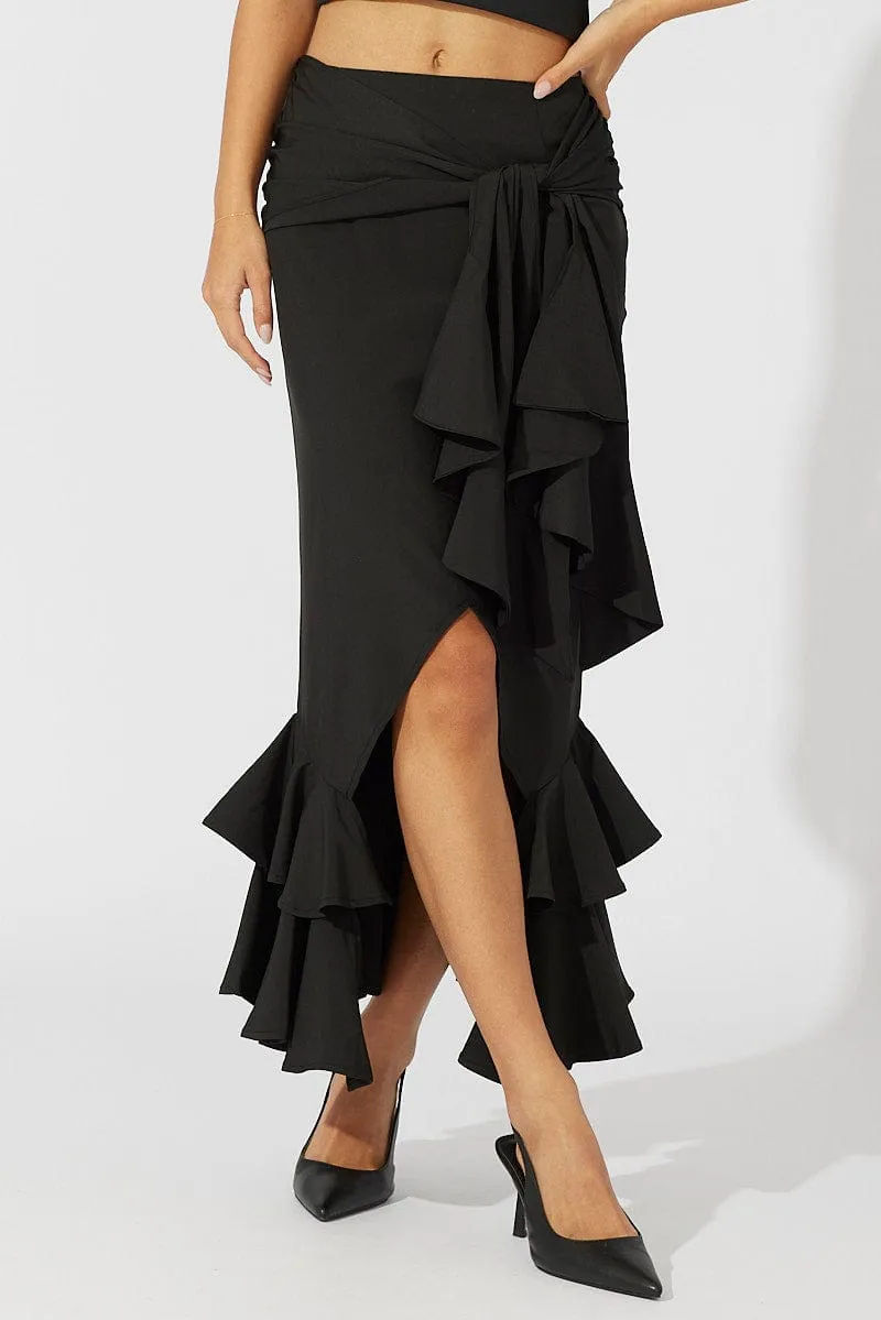 Black Midi Skirt Layered Ruffles Vibrant Touch