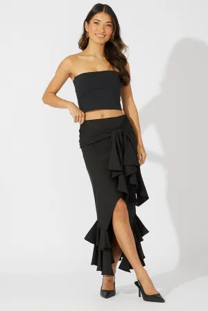 Black Midi Skirt Layered Ruffles Knitted Fabric