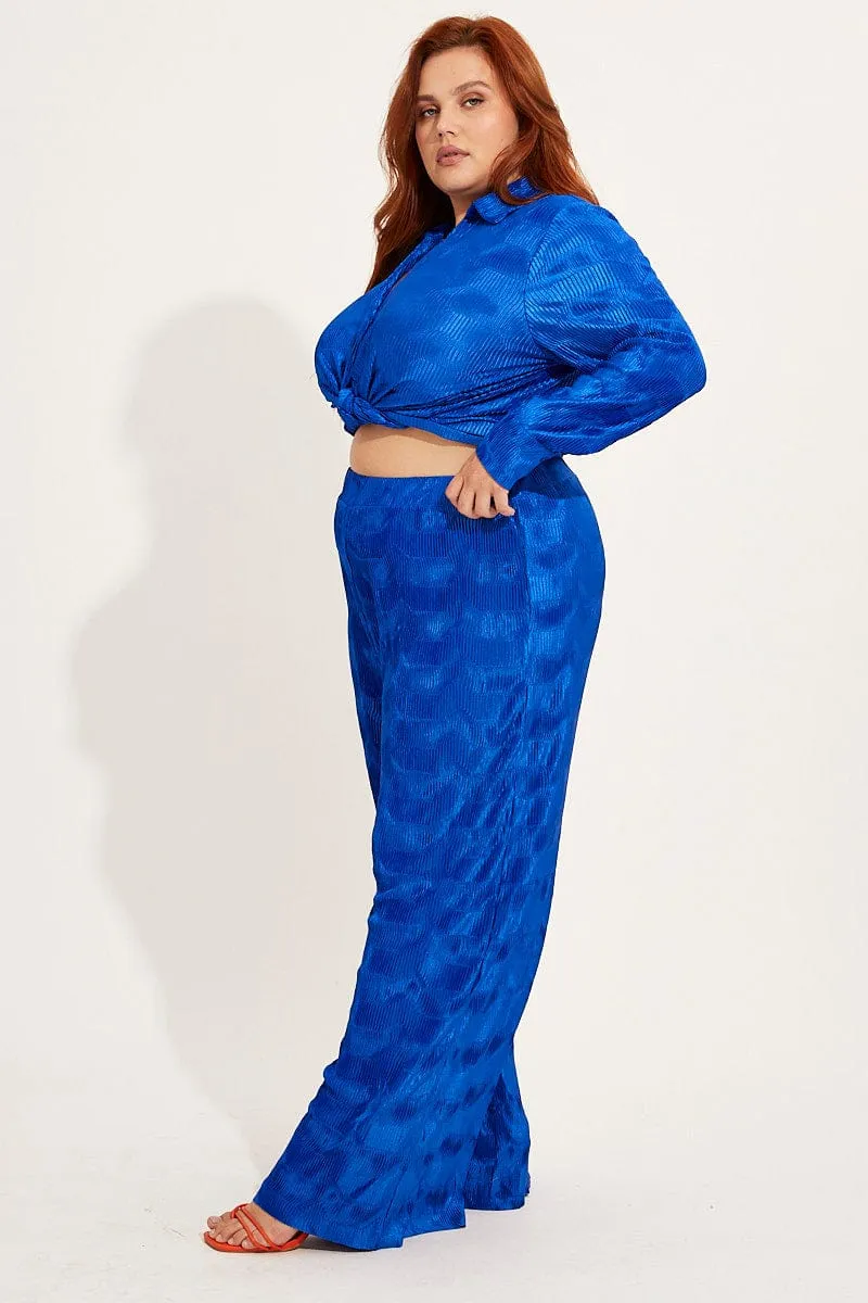 Quick Fit Blue Plisse Pants Wide Leg High Rise