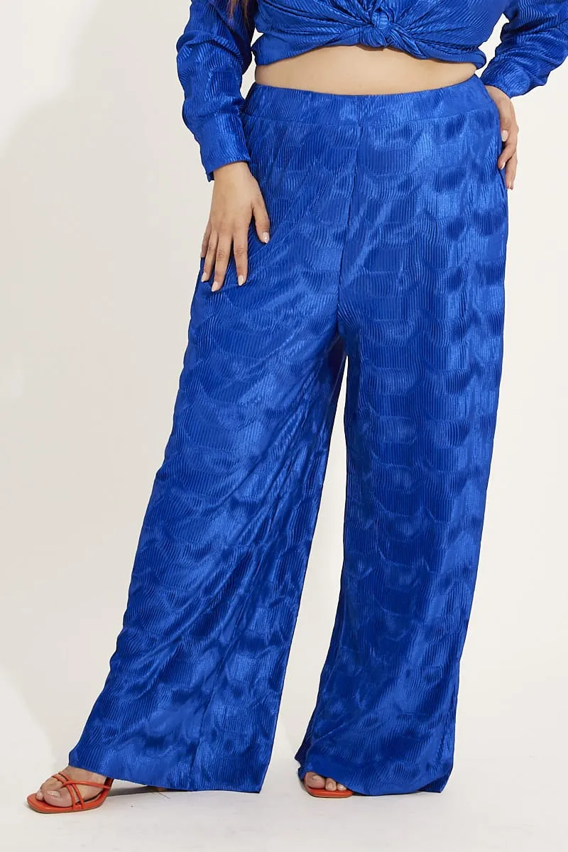 TouchscreenCompatiblePockets Blue Plisse Pants Wide Leg High Rise