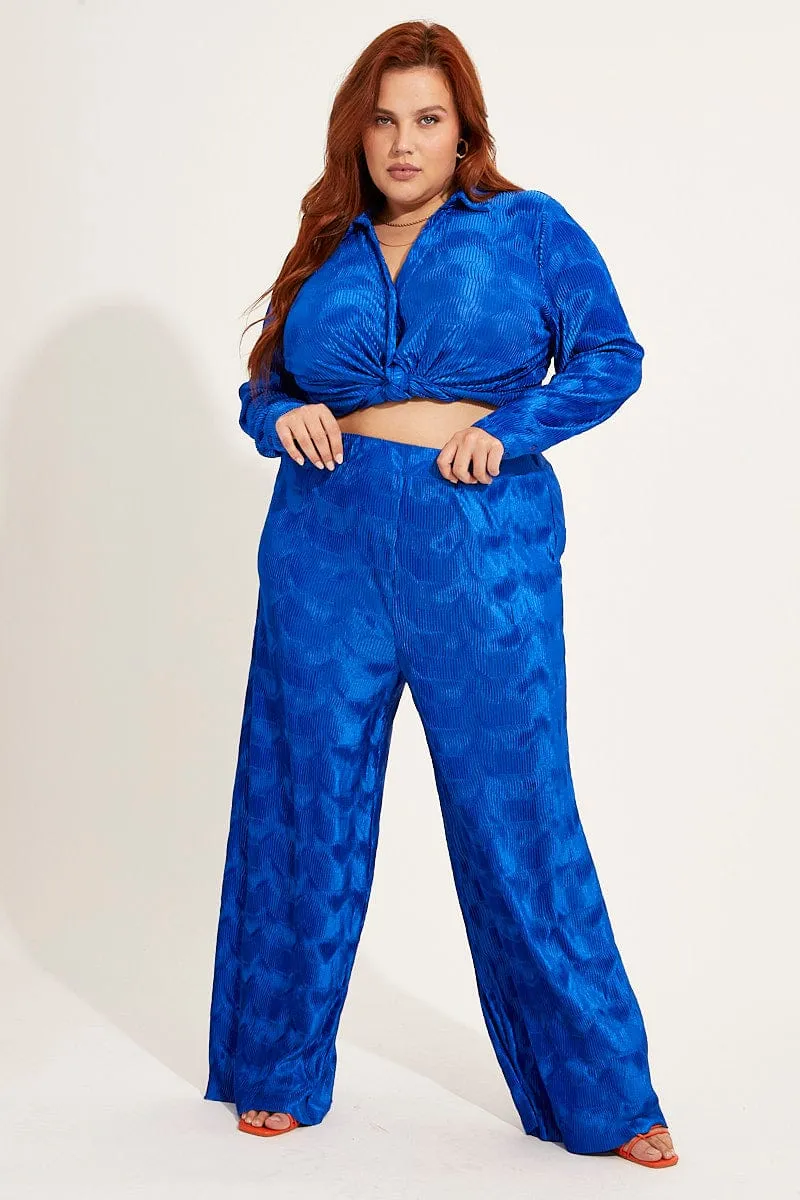 Blue Plisse Pants Wide Leg High Rise MultiPocketDesign