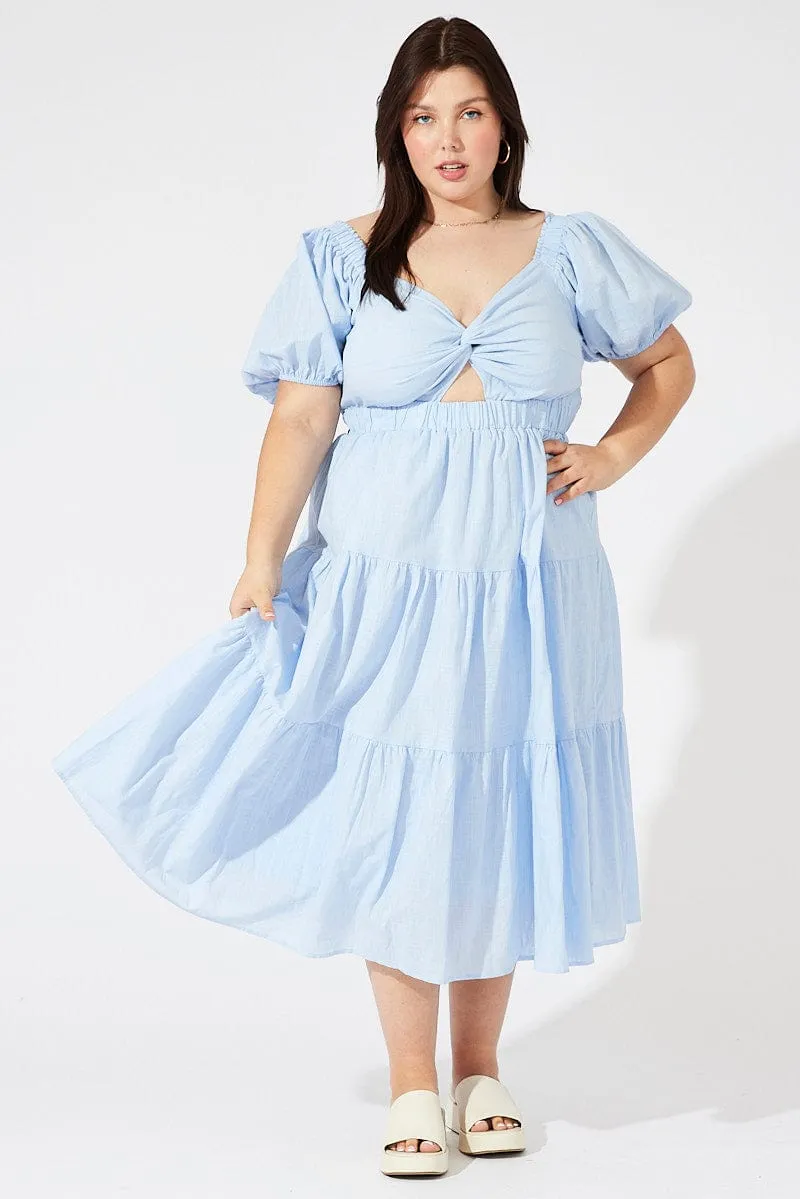 Blue Midi Dress Short Sleeve Tiered Cotton Vibrant dress for weekend outing Sunday Stroll