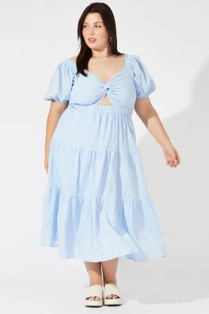 Effortless Comfort Weekend Brunch Blue Midi Dress Short Sleeve Tiered Cotton