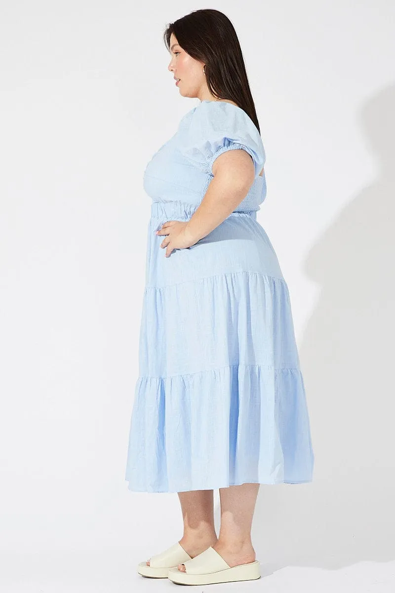 Bridge Walk Blue Midi Dress Short Sleeve Tiered Cotton
