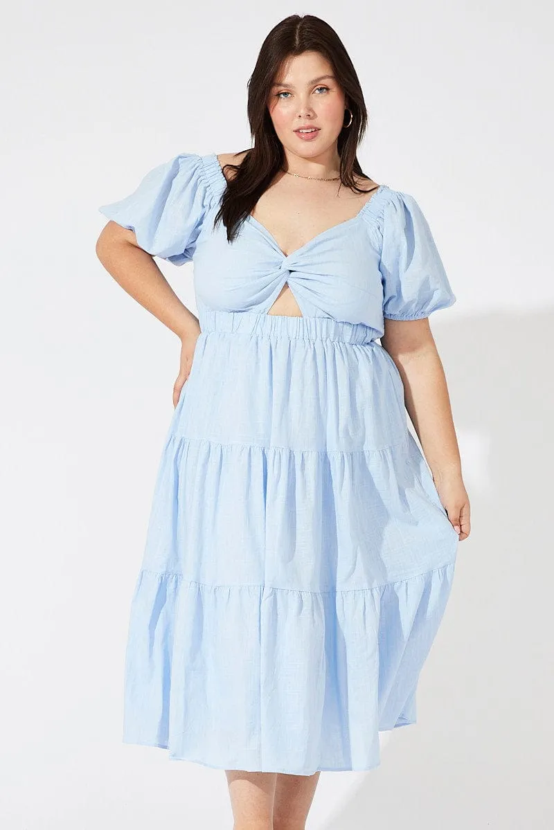 Blue Midi Dress Short Sleeve Tiered Cotton Comet Tail Coffee Break