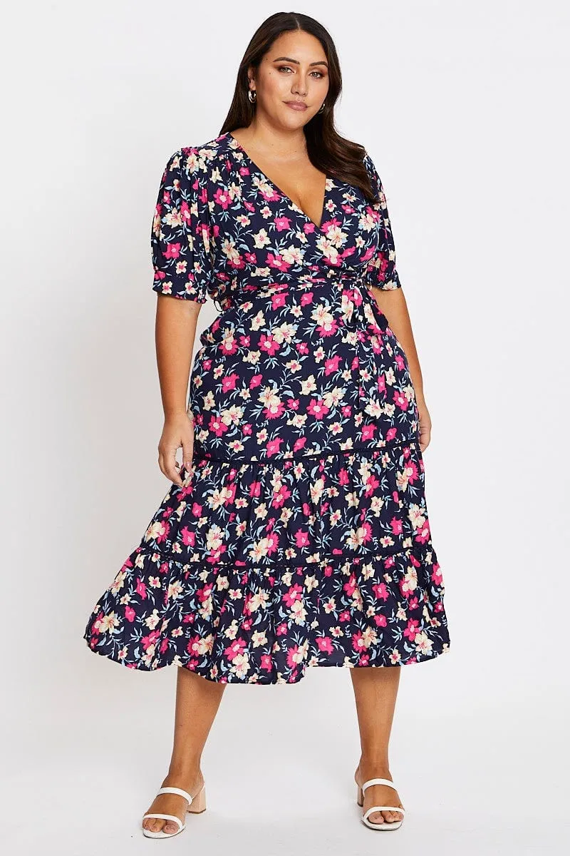 Floral Print Short Sleeve Puff Sleeve Midi Dress Sophisticated Style Stylish options