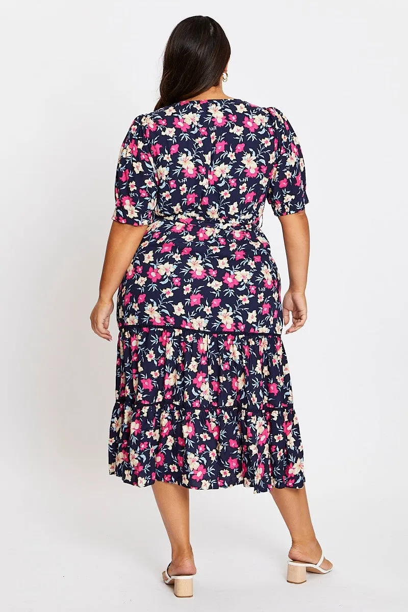 Floral Print Short Sleeve Puff Sleeve Midi Dress Candle Glow Comfortable Layers