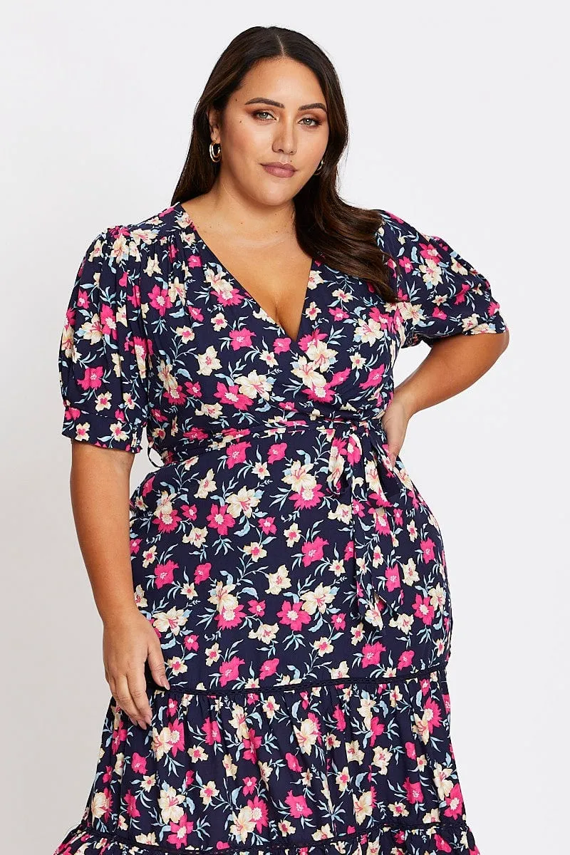 Floral Print Short Sleeve Puff Sleeve Midi Dress City Prep Film Night