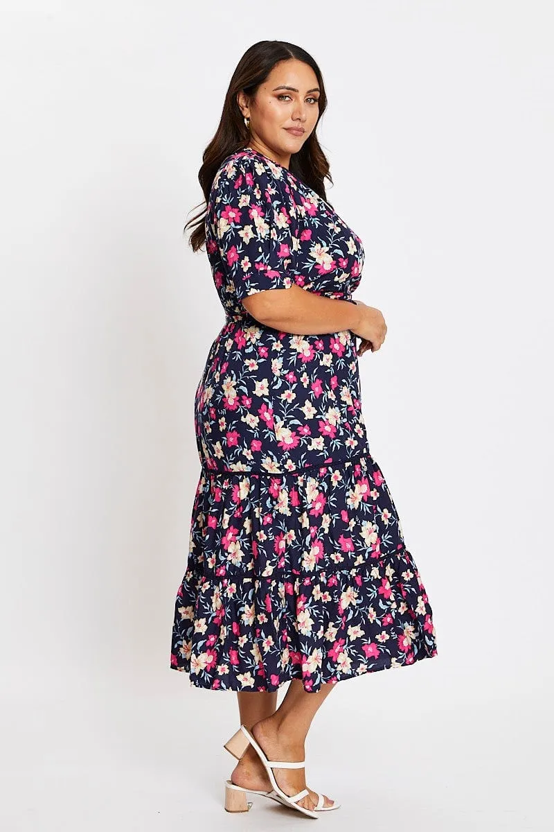 Charming Wardrobe Vibrant Style Floral Print Short Sleeve Puff Sleeve Midi Dress