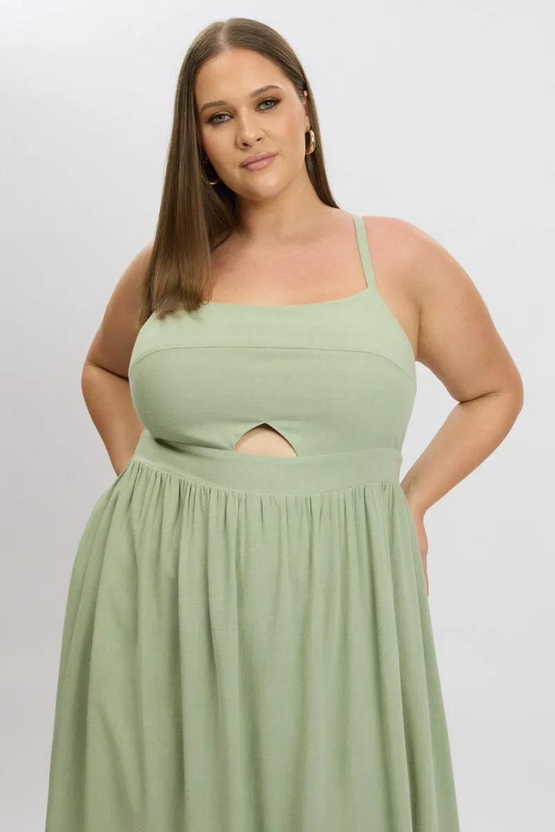 All Season Wear Sea Scent Green Midi Dress Sleeveless Linen Blend