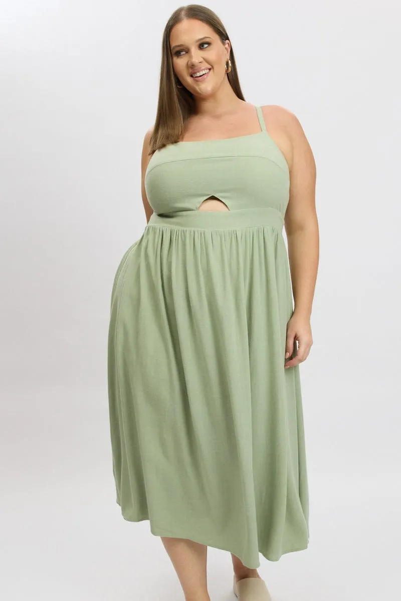 Green Midi Dress Sleeveless Linen Blend Comfy chic
