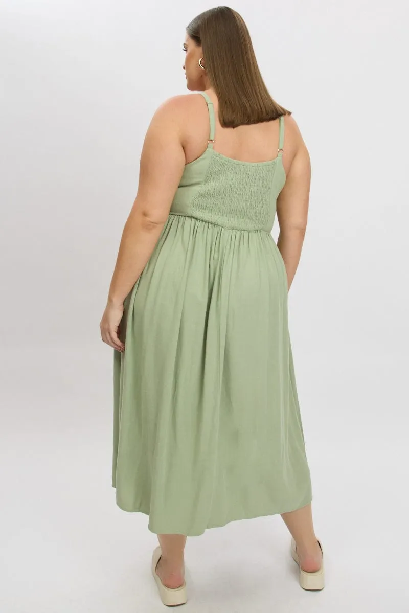 Ball Night Office Wear Green Midi Dress Sleeveless Linen Blend