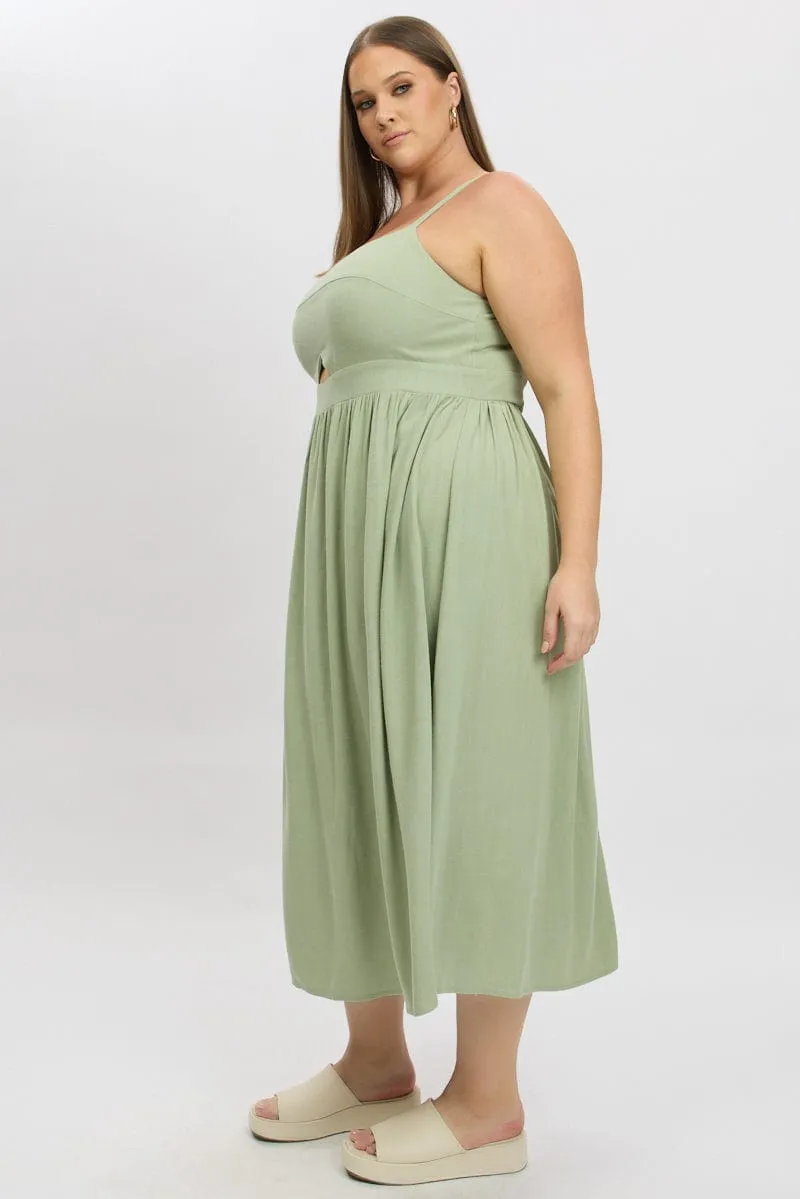 british retro Classic Comfort Green Midi Dress Sleeveless Linen Blend