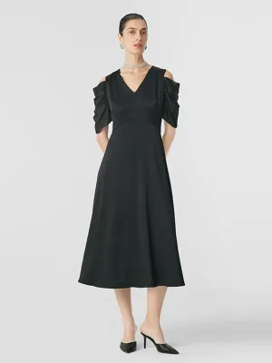 Rock Bay Black Triacetate Gathered Waist V-Neck Midi Dress
