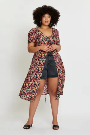 Classic Woman Floral Print Midi Dress Short Sleeve Button
