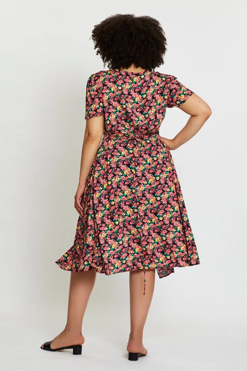 Floral Print Midi Dress Short Sleeve Button Romantic Soul