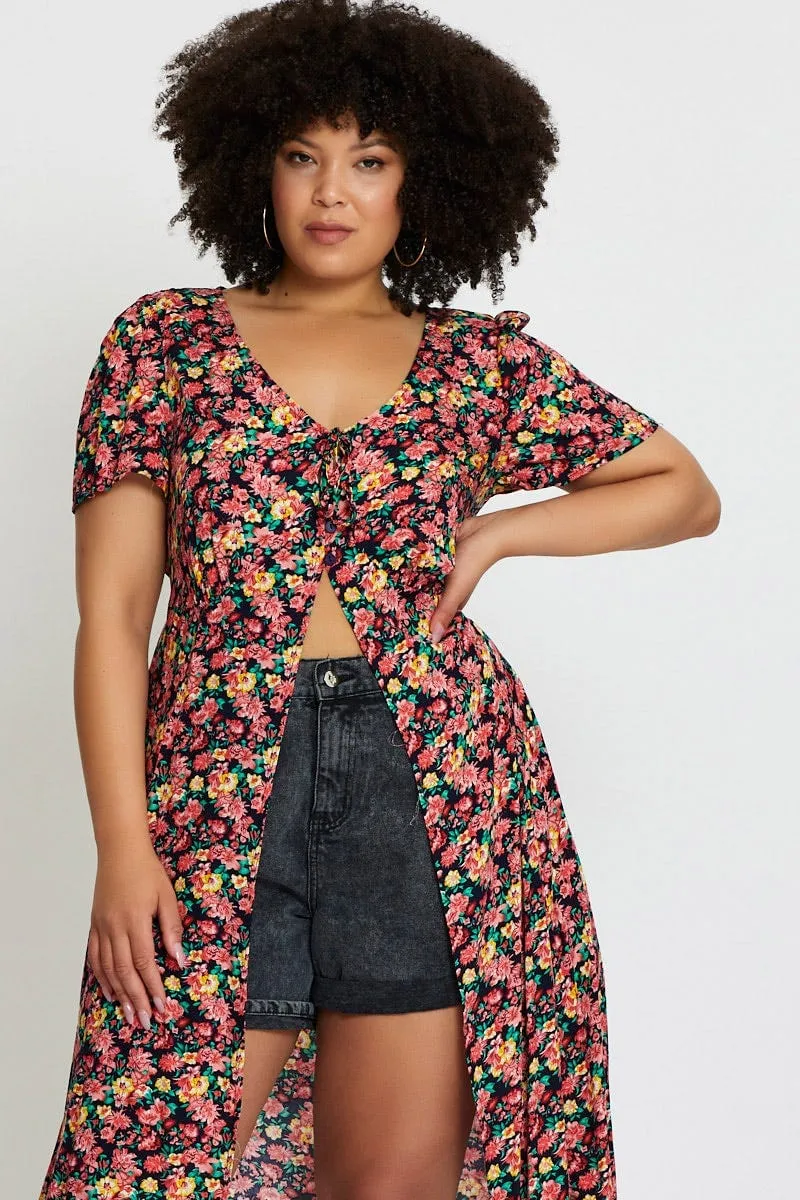 Floral Print Midi Dress Short Sleeve Button All-season midi Casual chic midi