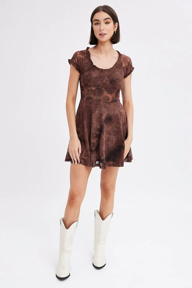 Brown Paisley Mini Dress Short Sleeve Scoop Neck Fit & Flare Pop Rush