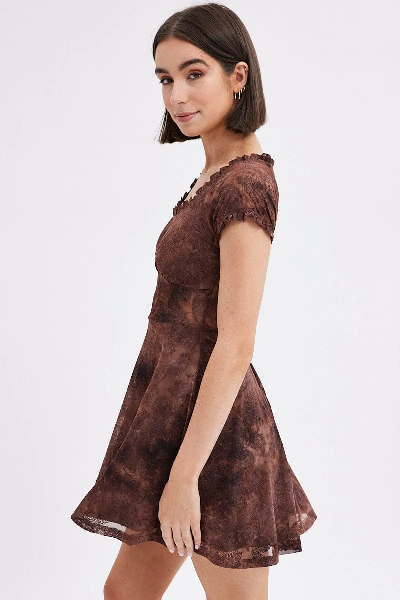 Brown Paisley Mini Dress Short Sleeve Scoop Neck Fit & Flare Unisex Fit