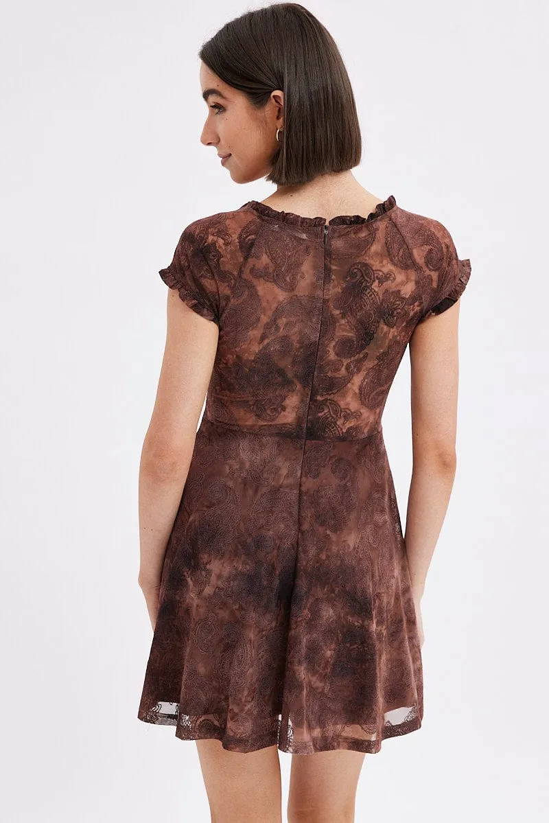 Hypoallergenic fabric Brown Paisley Mini Dress Short Sleeve Scoop Neck Fit & Flare