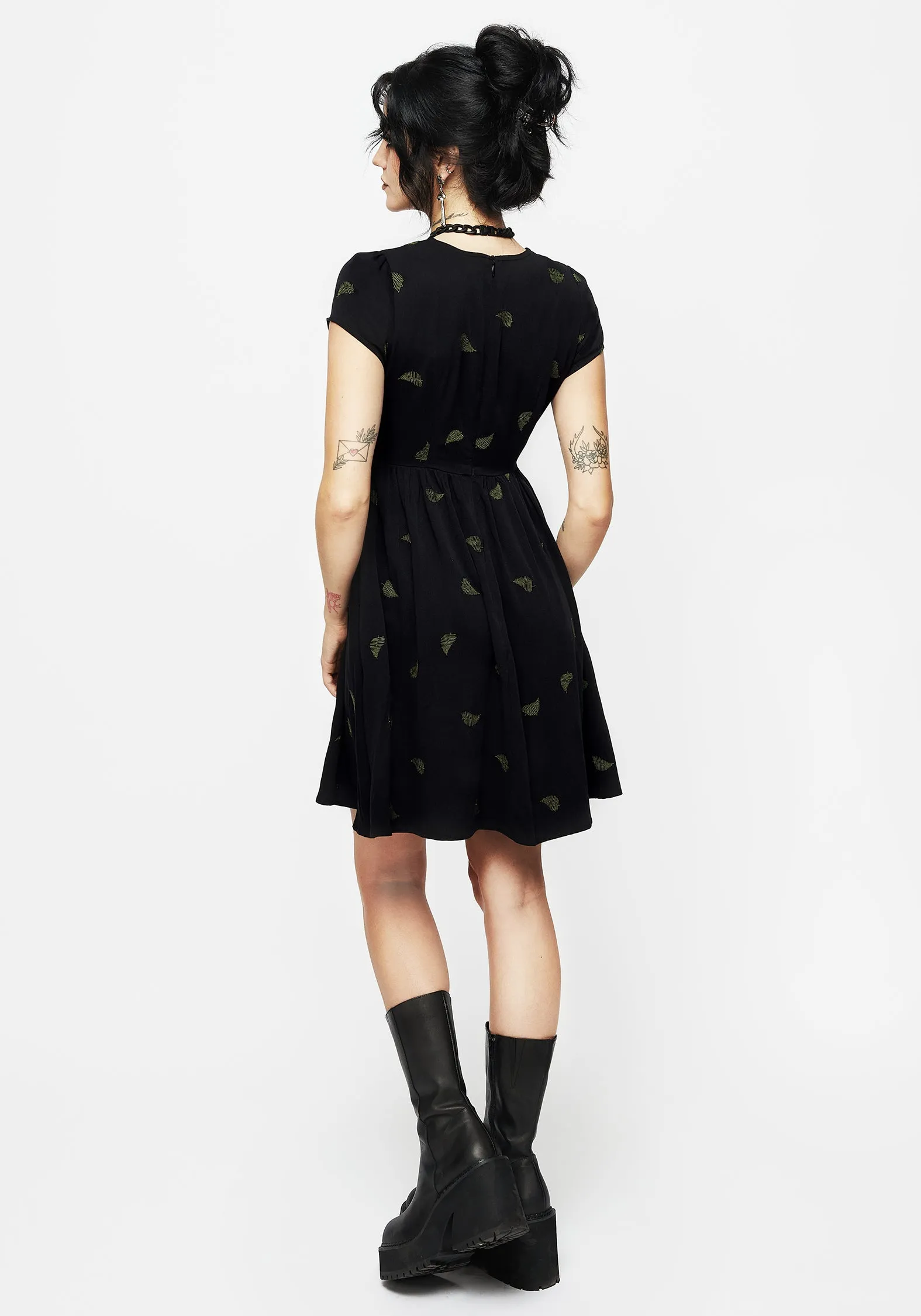 Party Star Bold color mini Osmunda Fern Embroidered Mini Skater Dress