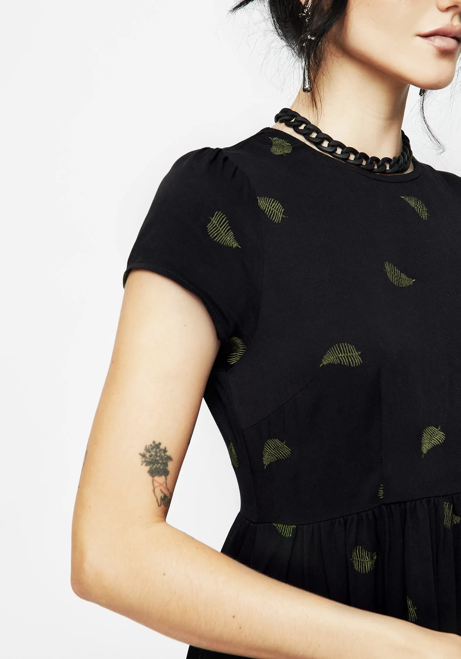 Loud Edge Shine Light Osmunda Fern Embroidered Mini Skater Dress