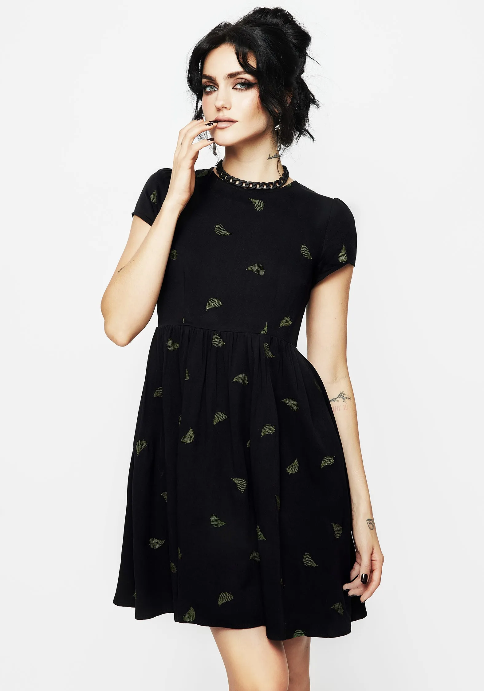 Osmunda Fern Embroidered Mini Skater Dress Weighted Hem